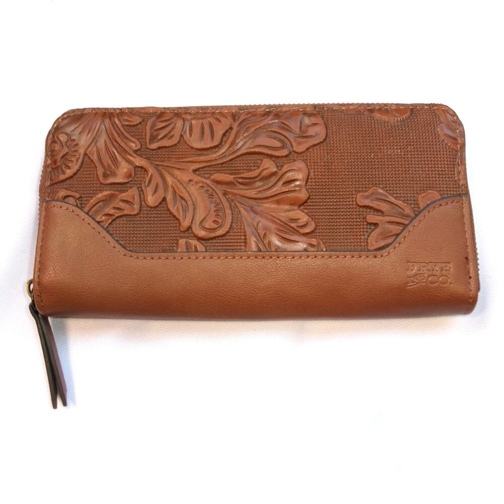 Frye & Co Tooled Floral Zip Around Wallet Brown Faux Leather NWOT